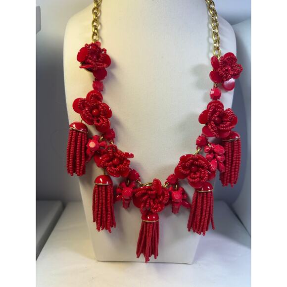 J. Crew holiday red honeymoon flower floral tassel statement runway necklace - Picture 1 of 6